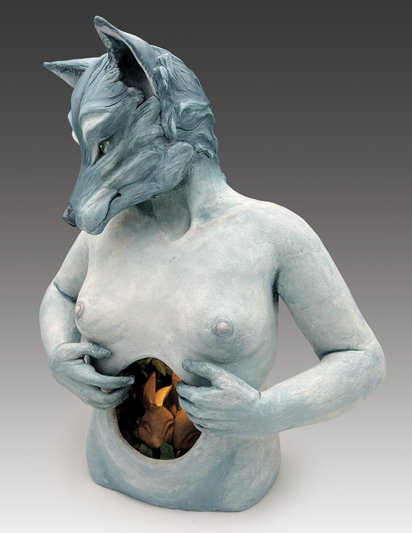 1 Stephanie Kubish’s You took my breath away so now I can’t suck in my stomach around you anymore, 24 in. (60.9 cm) in height, stoneware, acrylic, 2025.