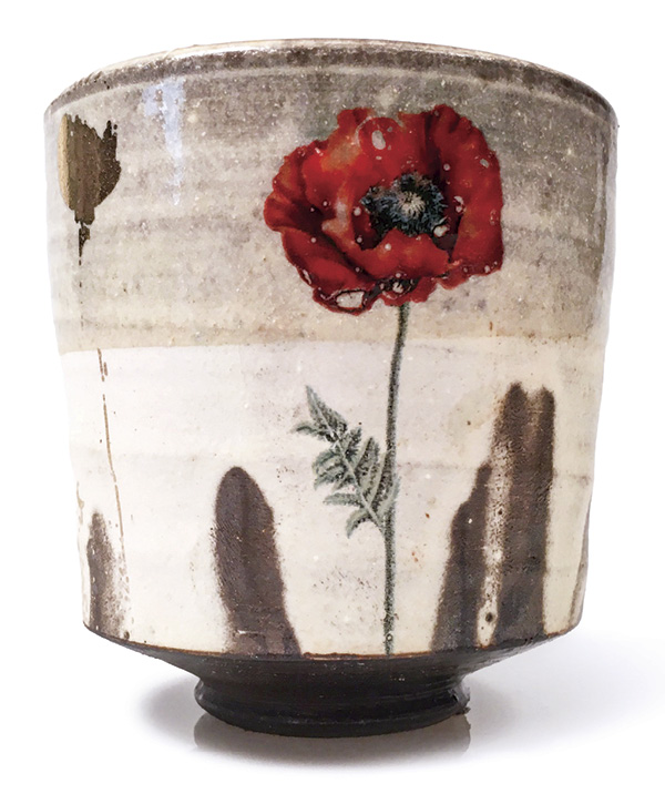 Justin Rothshank’s cup, 4 in. (10 cm) in height, wheel-thrown Standard Ceramic Supply’s 266 clay, Justin Rothshank’s Flashing Slip, lined with Darby Clear, fired in a neutral atmosphere to cone 3 in a soda kiln with Justin Rothshank’s Soda Solution...