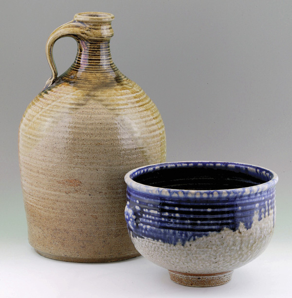 (Left) Contemporary jug salt fired with Albany slip liner glaze. (Right) Soda-fired bowl with blue liner glaze.