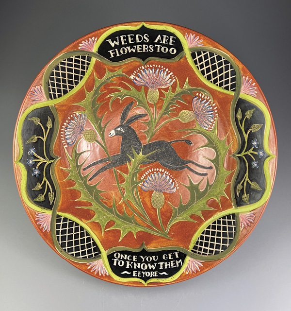 14 Kate Sampson's Weeds are flowers too, 13 3⁄4 in. (35 cm) in diameter, stoneware, 2025.