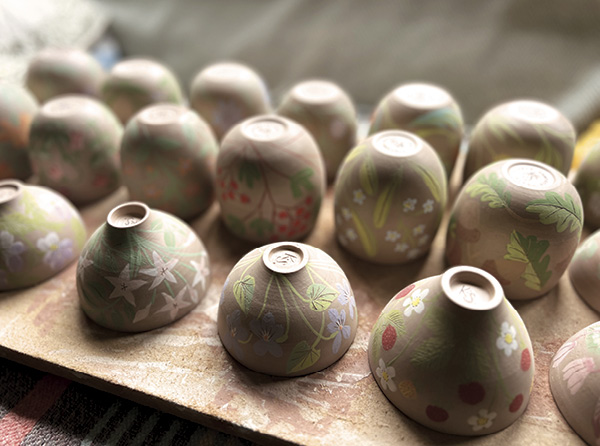 16 Rows of drying work waiting to be bisque fired.