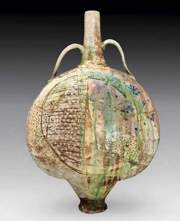 3 Eva Champagne’s Meridians 3, 18 in. (46 cm) in height, soda-fired stoneware, slips, glaze, 2022.