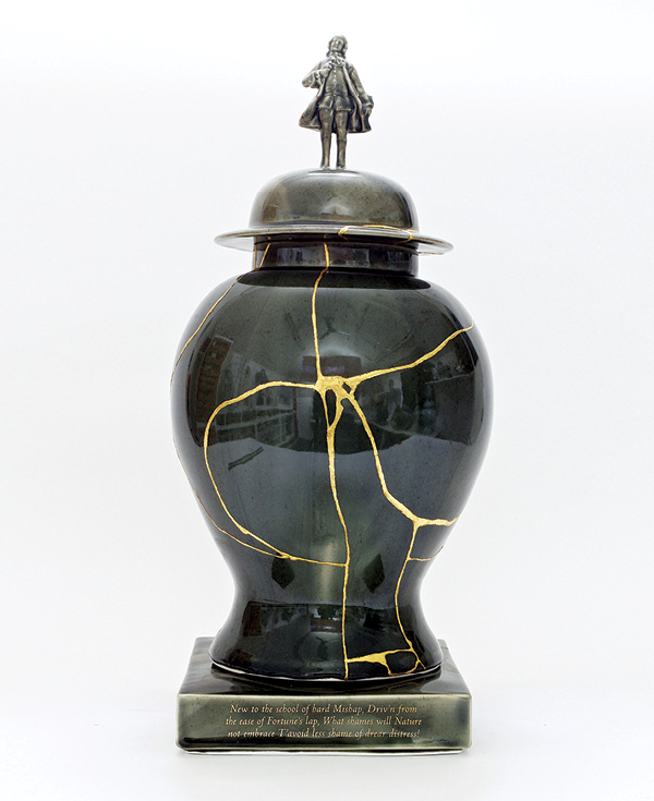 1 Bouke de Vries’ A Rake’s Progress V, The Marriage, 22½ in. (57cm) in height, porcelain, kintsuge restoration, gold decal lettering, 2021.
