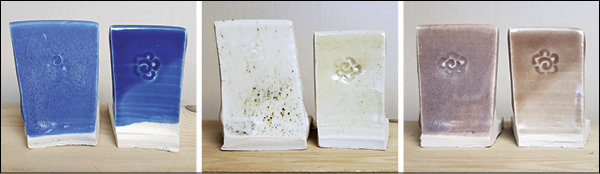 2 The three photos above are pairs of test tiles where the only difference between each pair is the addition of silica. In each photo, the matte glaze is the tile on the left, and the matte glaze with added silica is the glossy tile on the right.
