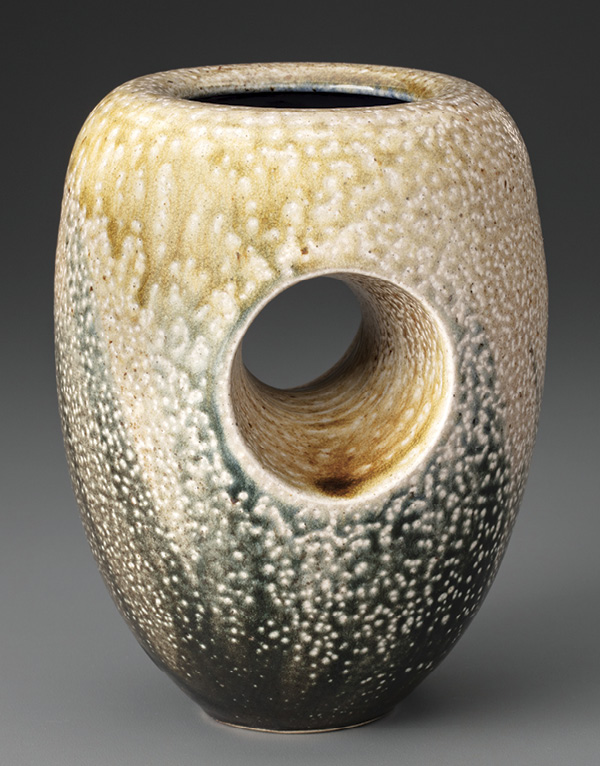 3 Tunnel vase, white stoneware, black slip, cobalt glaze, salt glazed and wood fired to cone 10. Photo: John Polak.