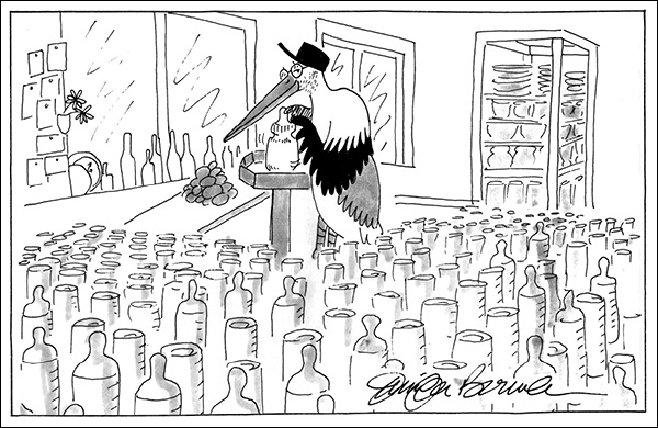 4 “Stork Throwing Bottles” postcard and kiln-opening sale announcement with news of first-born son, Emil, 2011. Drawing by Jennifer Berman.