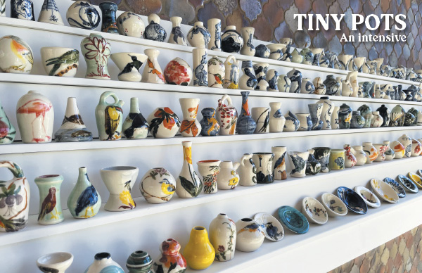 14 “Tiny Pots: An Intensive” postcard, advertising 1500 hand-thrown and decorated tiny pots. Postcard design by Kaitlin Meme.