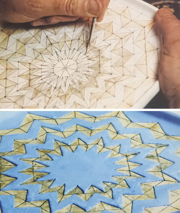 13 Application of wax resist onto a porcelain plate.