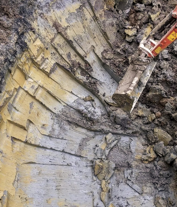 1 Excavation from a property development in SW19 5DG, exposing clay formed 50 million years ago in the Eocene Age.