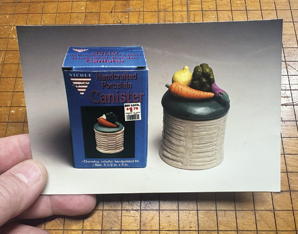 1 Bryan Wilkerson’s Big Lots “handmade” canister, 1999. Original packaging shown on the left, replicated canister shown on the right.