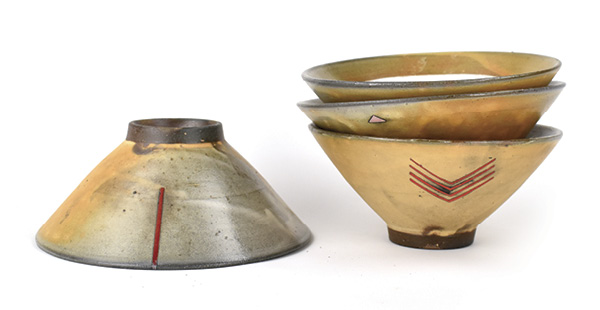 1 Tom Jaszczak’s bowls, 6 in. (15 cm) in width, wheel-thrown red earthenware, Creamy Slip, soda fired to cone 2, 2023.
