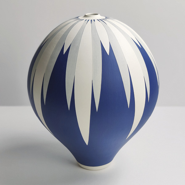 1 Georgie Gardiner’s Blue and White Leaf Vessel, 9 in. (23 cm) in height, wheel-thrown white earthenware, paper resist.