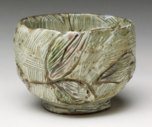 2 Donovan Palmquist’s teabowl, 4 in. (10.2 cm) in diameter, Sticks to Anything (Hakeme) Slip, wood fired, 2023.