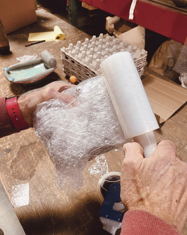 3 Wrap each ceramic object with bubble pack and combine them with other like objects to form a module or bundle. Then, wrap the bundles in protective bubble.