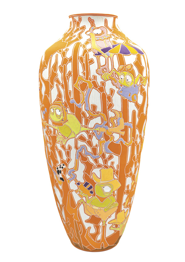 5 Sarah Anderson’s Rat Race, 18 in. (45.7 cm) height, work made as a 2025 Indianapolis 500 Motor Speedway Welcome Race Fans Artist, porcelain, fired to cone 5 in an electric kiln, 2025.