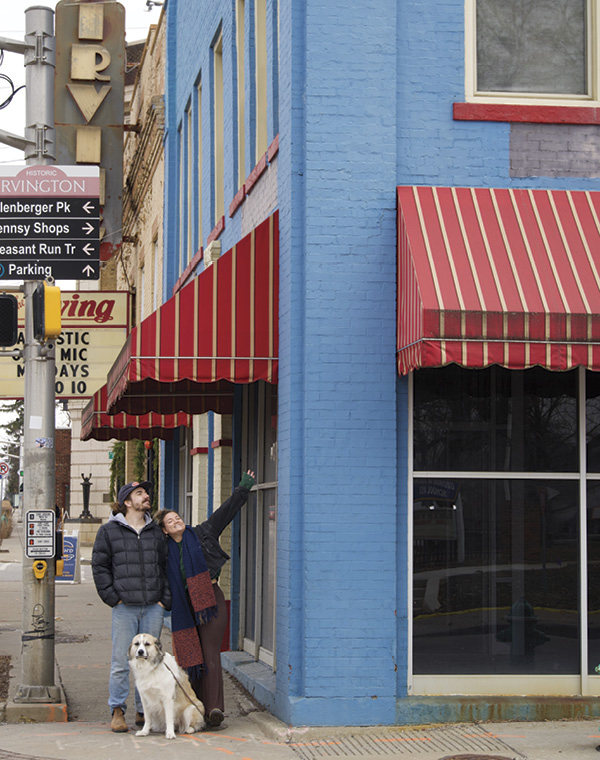 6 Austin Coudriet, Sarah Anderson, and Pip outside the corner of Dusty Pants Studio, Indianapolis, Indiana, 2026.