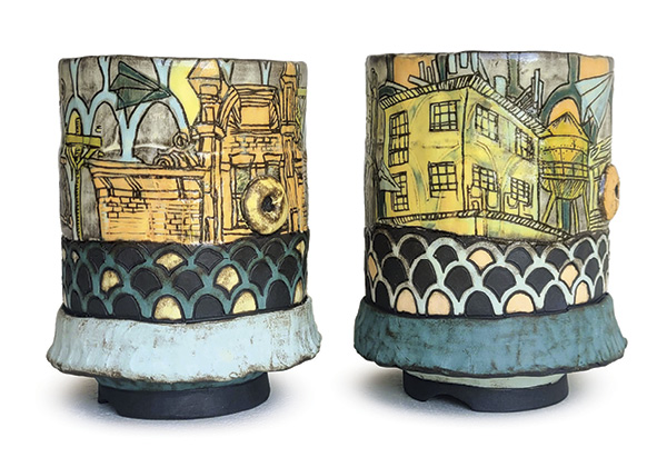 Autumn McKay's Tumblers, to 6 in. (15.2 cm) in height. All pieces: mid-range clay, terra sigillata, semi-glossy clear, fired to cone 5 in an electric kiln.