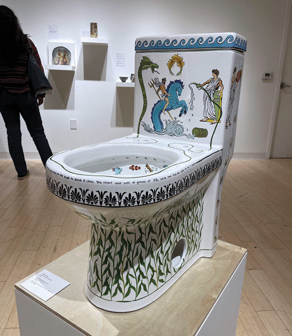 6 Bradley Klem’s Here I Sit Brokenhearted, 30 in. (76.2 cm) in height, found object, china paint, fired in oxidation, 2024.