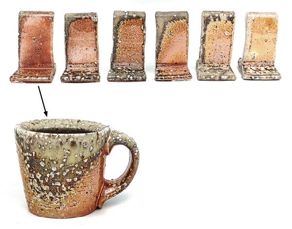 6 Test tiles fired in direct soda flame contact using Joel Willson’s Soda Clay 20 (High Alumina XX Saggar) (from left to right: control, 2.5, 5, 7.5, 10, and 15% added silica).