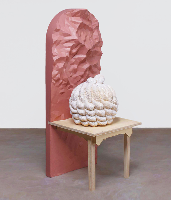 2 Naughty Chair, 3 ft. 9 in. (1.2 m) in height, handbuilt stoneware, fired to cone 04, CNC-milled foam, plywood, 2021. Photos: Andrew Castañeda.