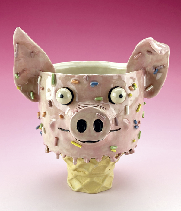 2 Pig Ice Cream Cone Yunomi, 4½ in. (11 cm) in width, clay, glaze, fired to cone 6 in oxidation.
