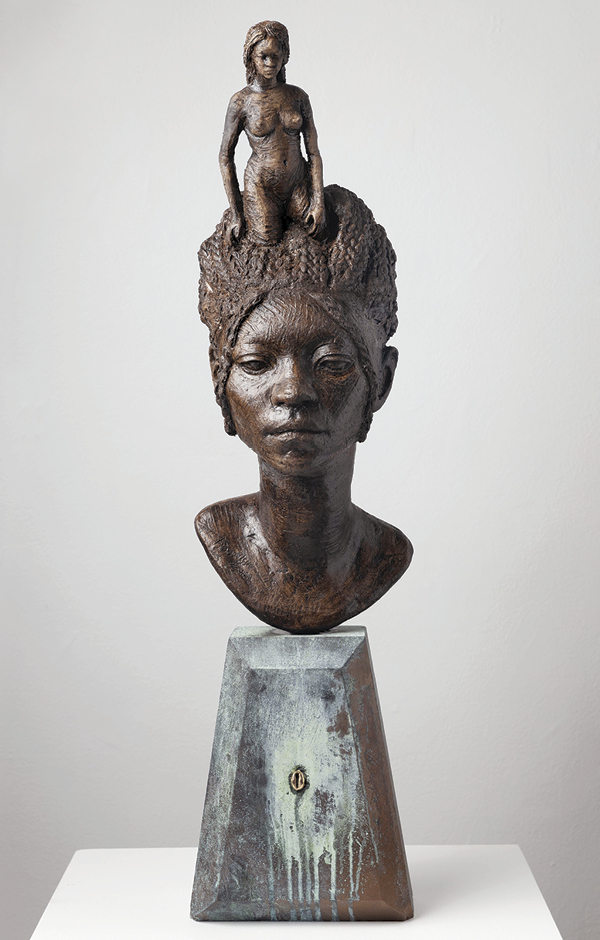 1 Crown V, 28 in. (71 cm) in height, stoneware, bisque fired to cone 04 (1915°F (1046°C)), wood stain, painted limestone, 2023.
