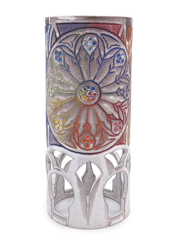1 Tower Vase, 8 in. (20 cm) in height, red clay, terra sigillata, underglaze, glaze, fired to cone 6 in oxidation, 2023.