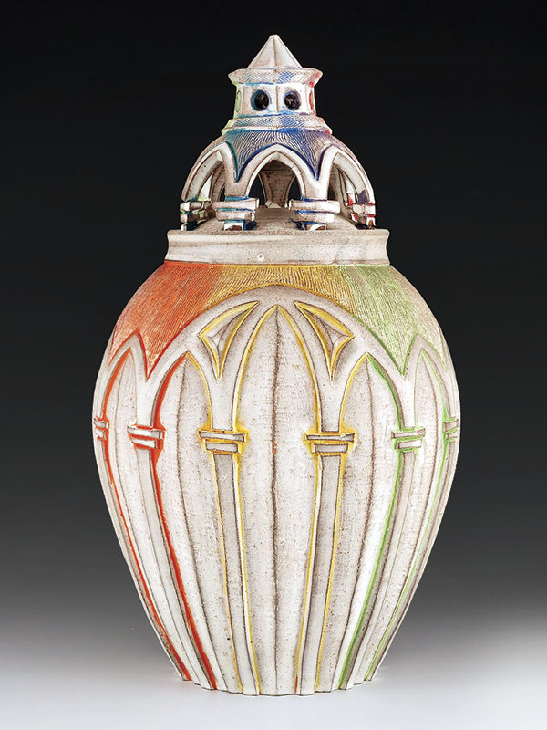 2 Cathedral Jar, 12 in. (30 cm) in height, red clay, terra sigillata, underglaze, glaze, fired to cone 6 in oxidation, 2023.