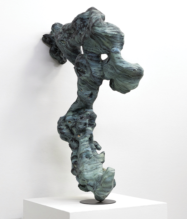1 Given, 3 ft. 6 in. (1.1 m) in height, handbuilt stoneware, glaze, fired to cone 04 in oxidation, slow cooled, painted MDF board, 2019.
