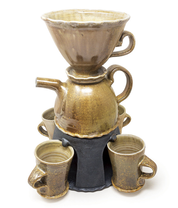 1 Pourover coffee pot with warming stand and cups, 15 in. (38 cm) in height, porcelaneous stoneware, wood and salt fired to cone 10, 2022.