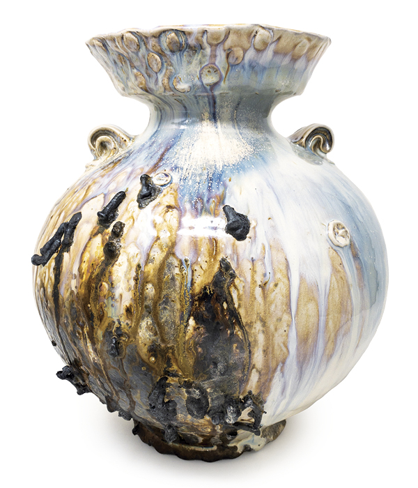2 Vase with nails, 13 1/2 in. (34 cm) in height, wheel-thrown porcelaneous stoneware, nails from pallet wood, wood fired to cone 11, 2021.
