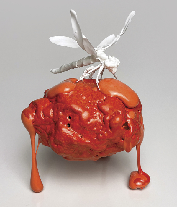 2 Decimated Landscape, 6 1/4 in. (16 cm) width, bone china, mid-fire clay, handbuilt, burn outs, glaze, fired to 2336°F (1280°C) and 2156°F (1180°C) in oxidation, post-firing construction, 2021. Photo: Alicia Cox.