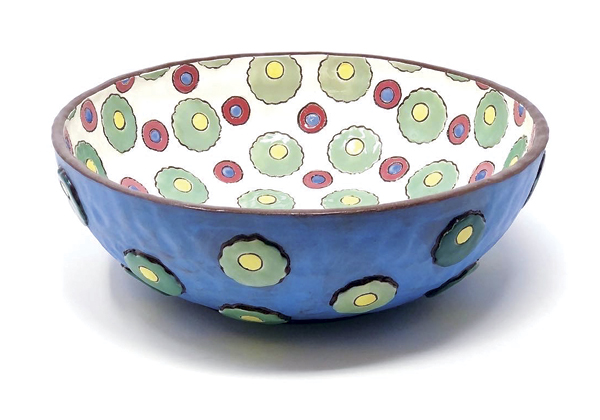 1 Retro Blossom Serving Bowl, 8¾ in. (22 cm) in diameter, red earthenware clay, slip, underglaze, glaze, fired to cone 4 in oxidation, 2022.