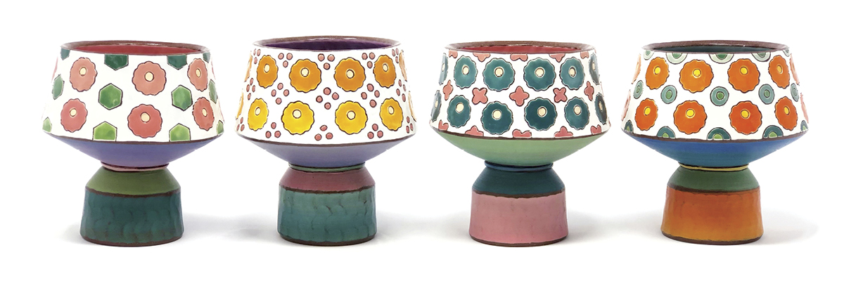2 Margarita cups, to approximately 4 in. (10 cm) in height, red earthenware clay, slip, underglaze, glaze, fired to cone 4 in oxidation, 2022.