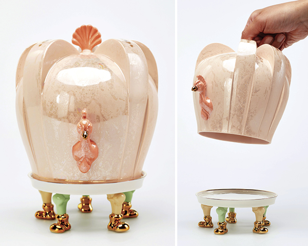 1 Pumpcrown carriage (Fairy range), 10 1/2 in. (27 cm) in height, porcelain, slip casting, 3D printing, stain, clear glaze, fired to 2264°F (1240°C), laser engraving, silk screen, luster, gold, 2022. Photo: Catherine Dineley.