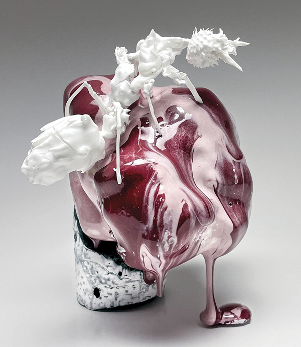 3 Mahala Hill’s Eldritch Landscape, 7 in. (18 cm) in height, bone china, porcelain, handbuilt, glaze, burn outs, post-firing construction, fired to 2336°F (1280°C) in oxidation, 2021. Photo: Alicia Cox.