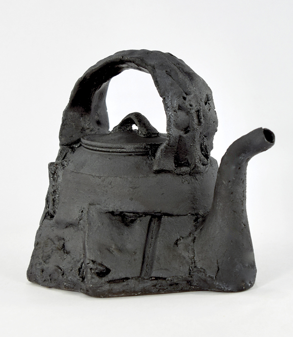 4 Wesley Brown’s teapot, 8 in. (20 cm) in length, stoneware, underglaze, lithium wash, fired to cone 6 in oxidation, 2022.