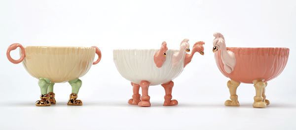 5 Yunji Shin’s Catch me if you can!, to 7 in. (18 cm) in diameter, porcelain, slip casting, 3D printing, stain, glaze, fired to 2264°F (1240°C), gold luster, 2022. Photo: Catherine Dineley.