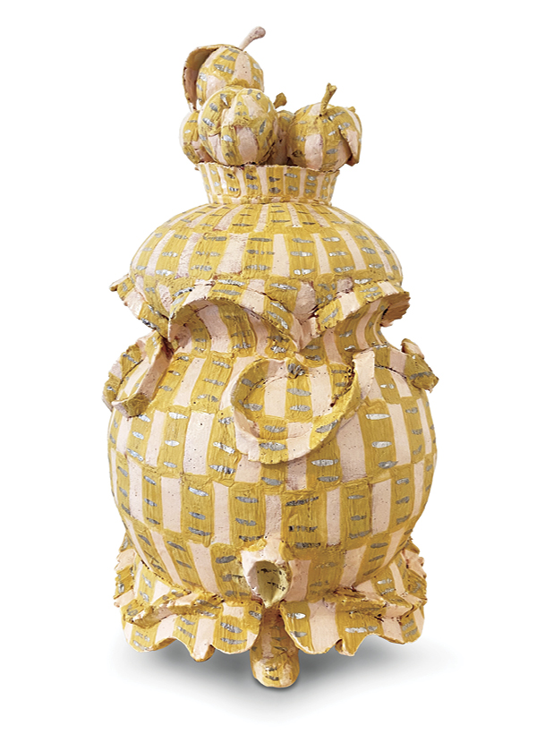 1 Maura Wright’s Fruit Cluster Vessel, 18 in. (46 cm) in height, earthenware, underglaze, glaze, luster, 2021.