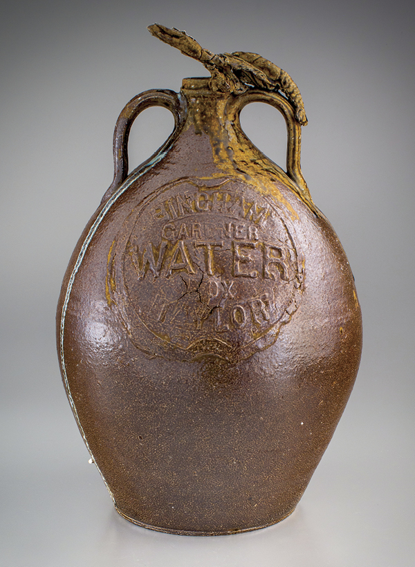 1 Michelle Erickson’s Crawfish Jug (Water Jug Series), 16 1/2 in. (42 cm) in height, Indigenous Catawba North Carolina clay from STARworks, wheel thrown, handbuilt, cast and molded, wood fired with salt glaze, 2016. Photo: Robert Hunter.