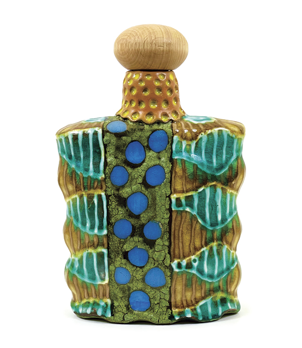 5 Ronan Kyle Peterson’s flask, 6 in. (15 cm) in height, wheel-thrown and altered red earthenware, layered slips, terra sigillatas, glazes, fired to cone 3 in an electric kiln.