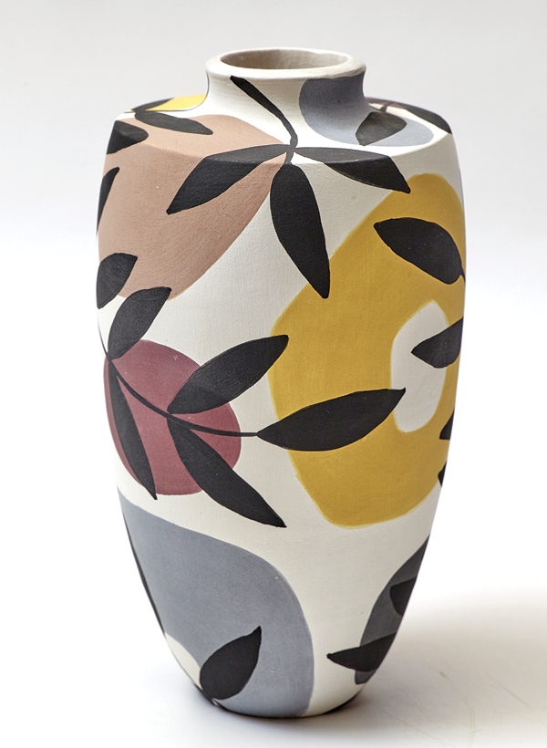 2 Jacqui Atkin’s Mid Century Botanical, 9 in. (23 cm) in height, press-molded and coil-built white earthenware, Amaco Velvet underglaze decoration, liner glaze. Photo: Phil Wilkins.