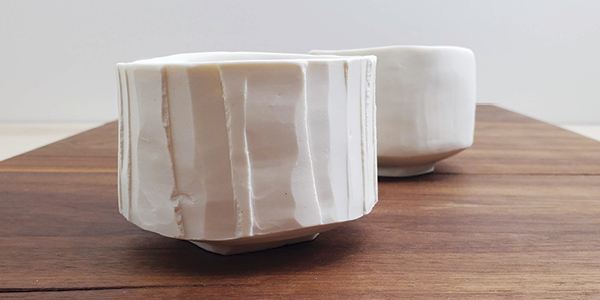 6 Carved/Smooth, Red/White, 3¼ in. (8 cm) in height, porcelain, 2021.