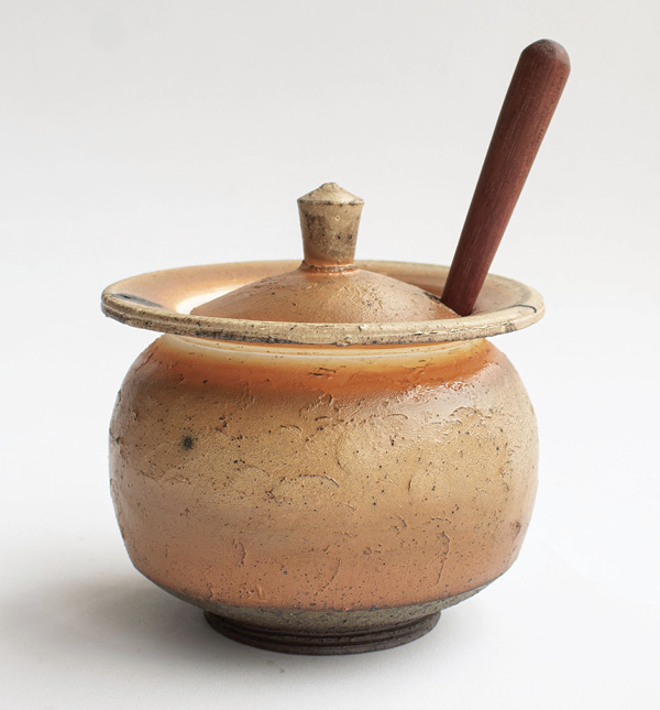 1 Sugar jar, 5 in. (12.7 cm) in height, cone-3 red clay, AP Green terra sigillata, soda fired, hand-carved purple heart, wooden spoon, 2024.