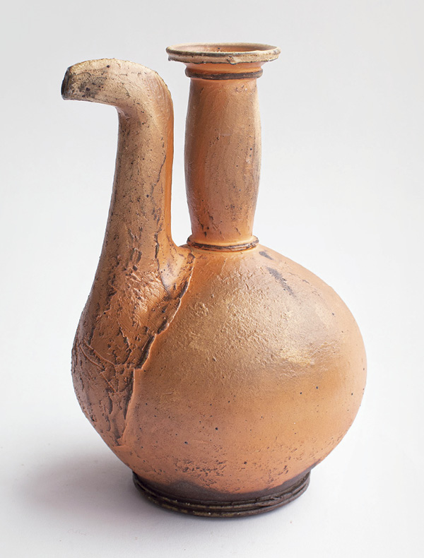 2 Ewer, 8 in. (20.3 cm) in height, cone-3 red clay, AP Green terra sigillata, soda fired, 2024. Photos: Caroline Roberts.