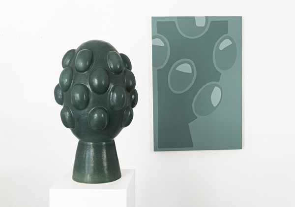1 Evolve, 25 in. (63.5 cm) in height (sculpture), stoneware, underglaze, fired in oxidation to cone 6, birch panel, latex paint, 2023.