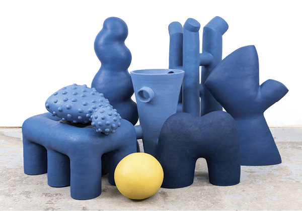 2 [RE] CONSTRUCT, 7 ft. (2.1 m) in width (dimensions vary on installation), stoneware, fired in oxidation to cone 1, latex paint, tile sealer, 2022.