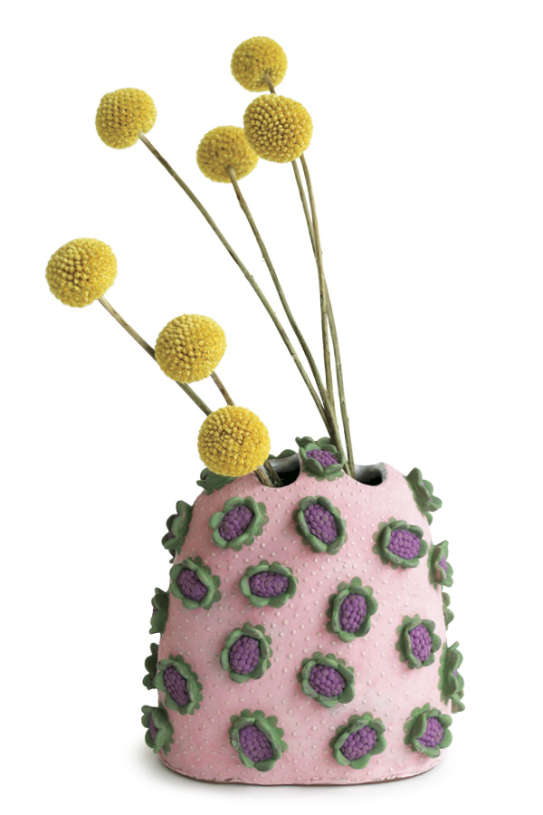 1 Naomi Peterson’s Soft Shrubbery Vase, 7 in. (17.8 cm) in height, red stoneware, underglaze, glaze, fired in oxidation to cone 5, 2023.