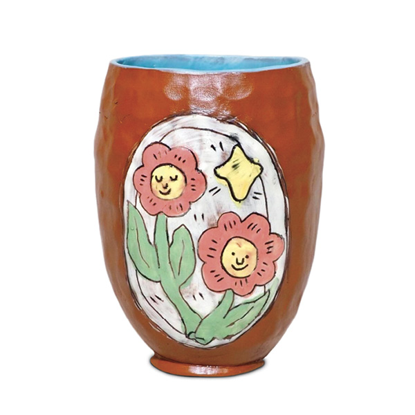 2 Laura Casas’ Snail Joy, 5 in. (12.7 cm) in height, pinched, coiled, and slab-built mid-range Earthenred stoneware, sgraffito, inlay, terra sigillata, hand burnished, underglaze, majolica, fired to cone 6, 2023.