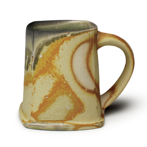 3 Casey Beck’s mug, 5 in. (12.7 cm) in height, wheel-thrown and altered white stoneware, soda fired to cone 10, 2023.